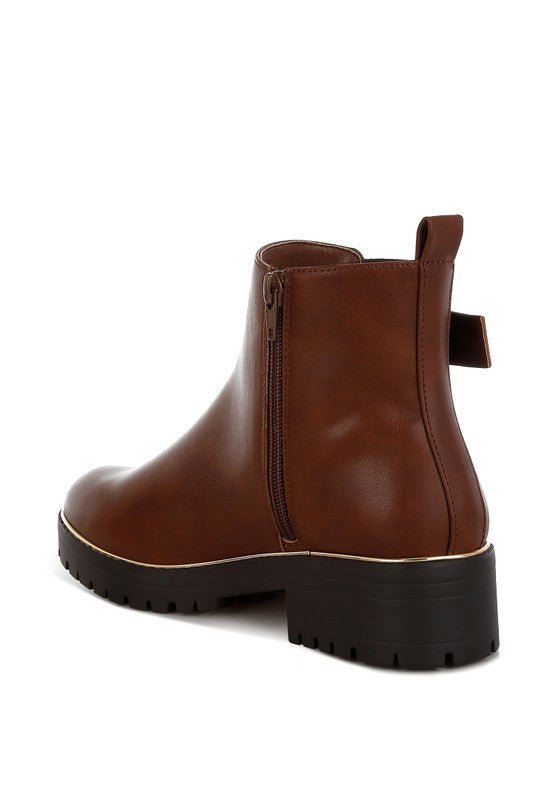 Back inside angle of tan Antorin chunky buckle ankle boots showing zipper and heel detail.