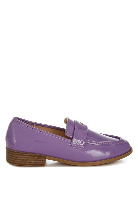 Lateral view of Lilac Avery Patent Loafers showing flat heel and sleek silhouette.