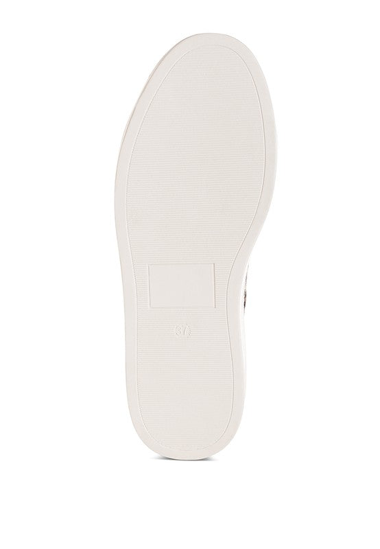 Bottom view of beige leopard print leather sneakers sole.