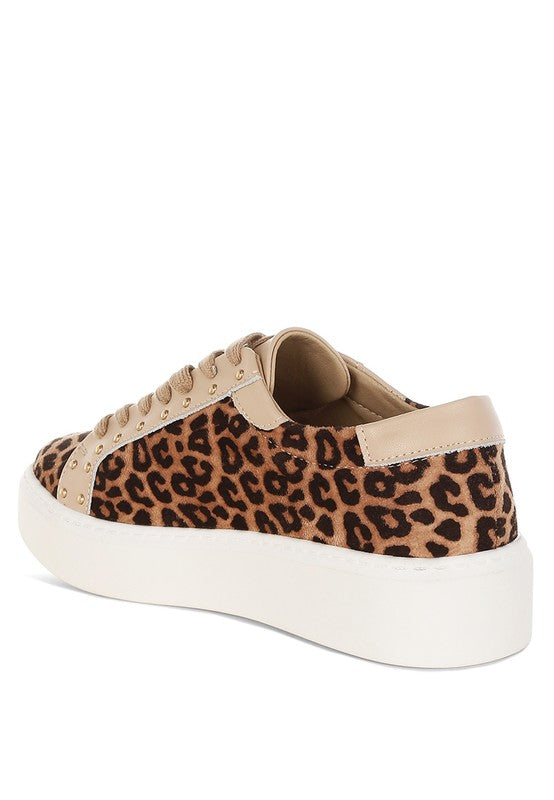 Back view of beige leopard print studded sneakers showing cushioned insole and durable TP rubber sole.