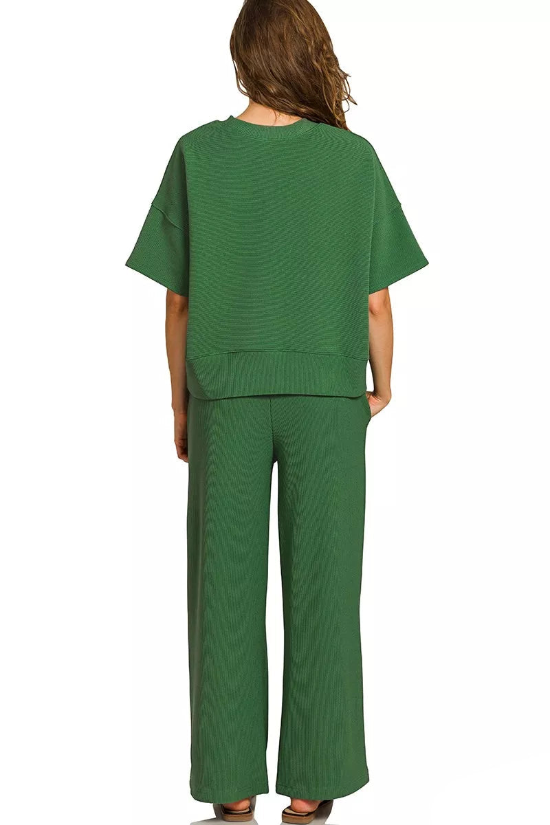 Back view of Tori Ribbed Round Neck Tee & Pants Set Dark Green, ribbed fabric two-piece loungewear.