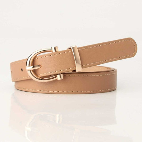 Tally Vegan Leather Belt in tan with gold buckle and stitched detailing