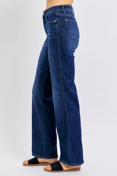 Side view of the Donna Tummy Control Straight Jeans by Judy Blue in dark wash, high waist, moderate stretch, and flattering tummy control design for a smooth, polished look.