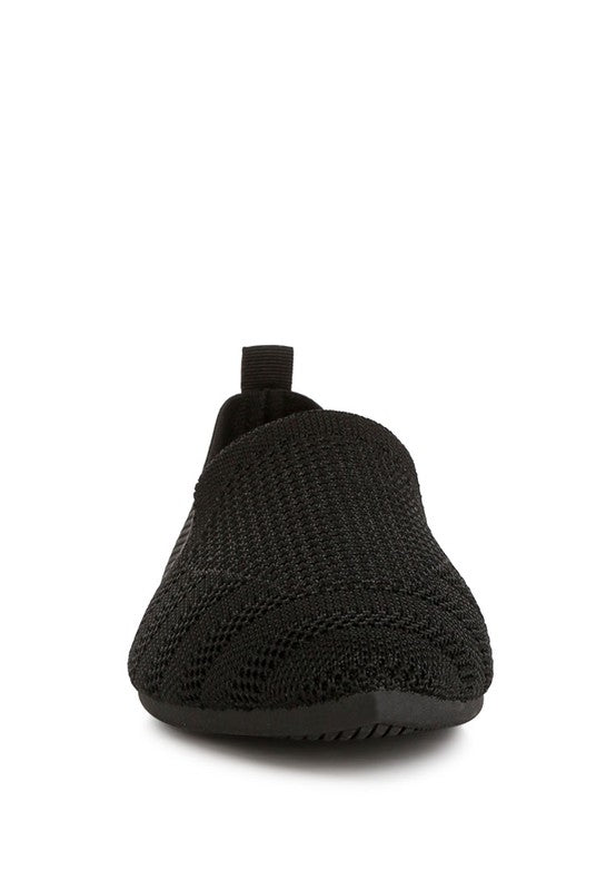Akili Knit Textile Solid Flats in black, front view with almond toe shape