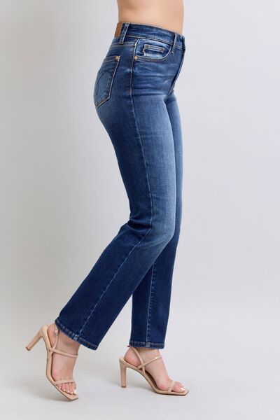 Side angle of Carson Straight Leg Jeans showing mid rise fit and slightly stretchy straight leg design.