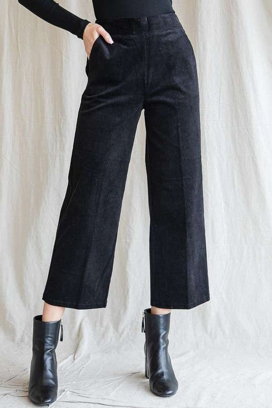 Lulu Plus Size Ribbed Velvet Pants in Black, front view wide leg cropped look