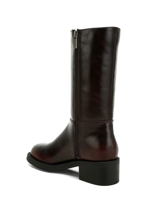 Back angle view of Soora Block Heel Calf Boots in brown with panel detail