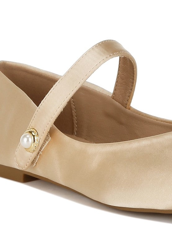 Gold Albi Mary Jane Flats close up of patent toe cap