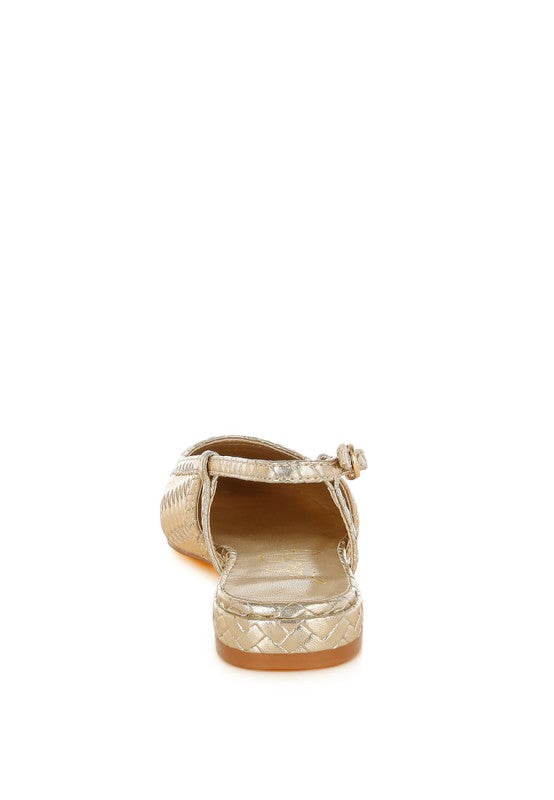 Back view of Kurina metallic gold slingback sandal with pin buckle strap and low block heel detail