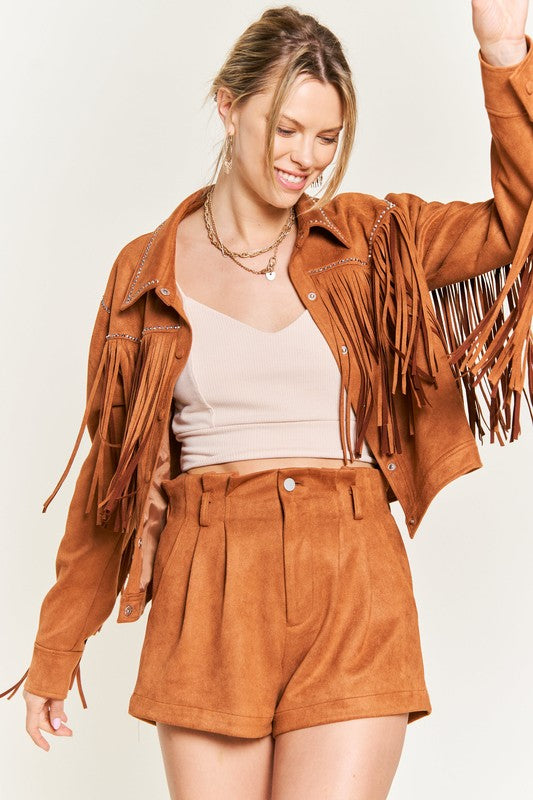 Oakley Plus Size Suede Fringe Jacket camel front view with western stud and fringe accents
