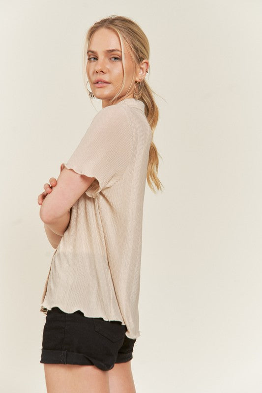 Side angle taupe textured shirt, collared neckline, casual fit.