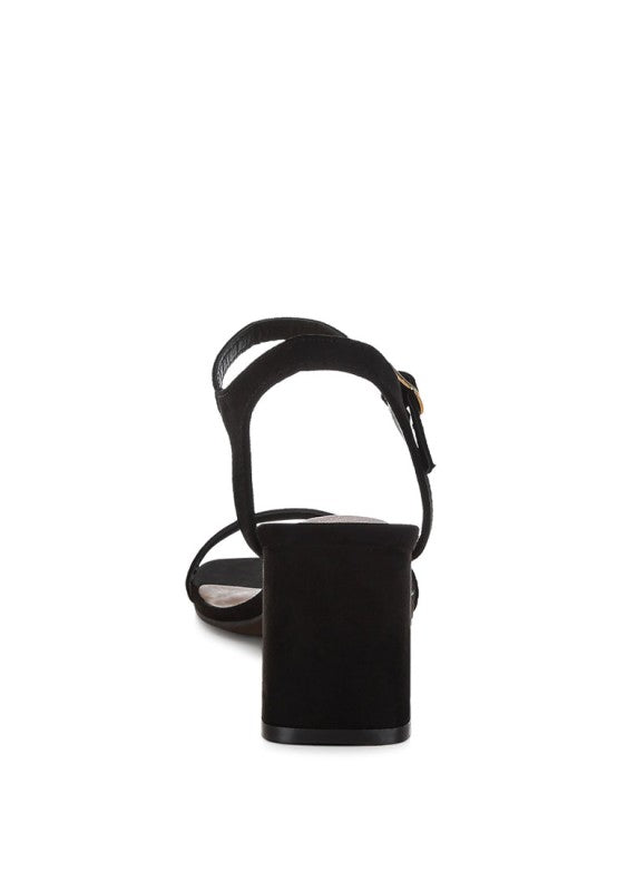 Back view of black Akiya Square Toe Block Sandals with ankle strap fastening