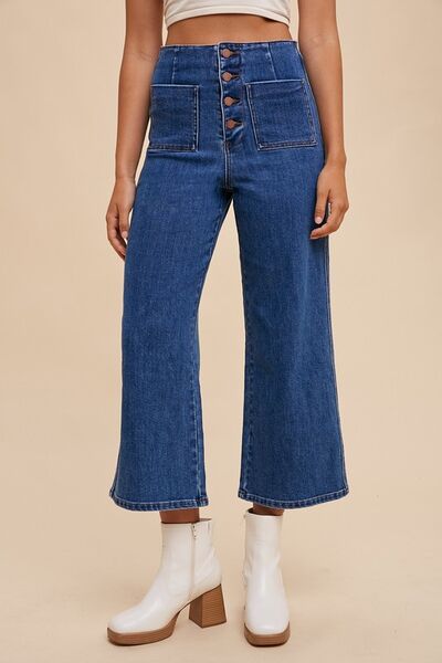 Front view of Frankie cropped wide leg jeans showing flattering high-waist silhouette.