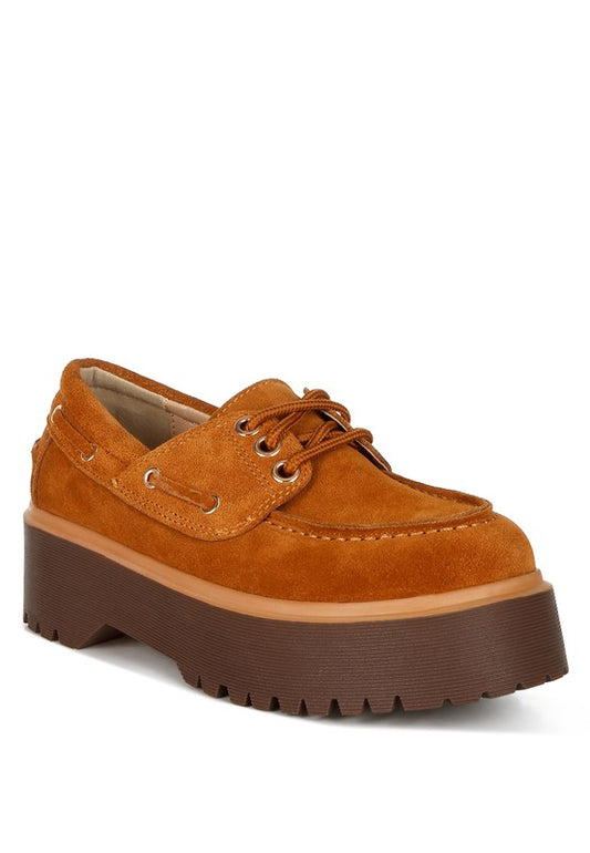 Cuckatoos Tan Suede Oxford Loafers front view, lace-up design, moccasin seam.