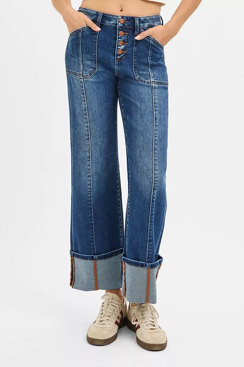 Aubrey High Rise Cuffed Jeans front view with cropped cuffed hem