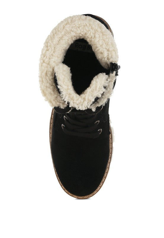 Top view of Black Madoka Chunky Ankle Boots showing round toe, lace-up style, and fur collar trim.