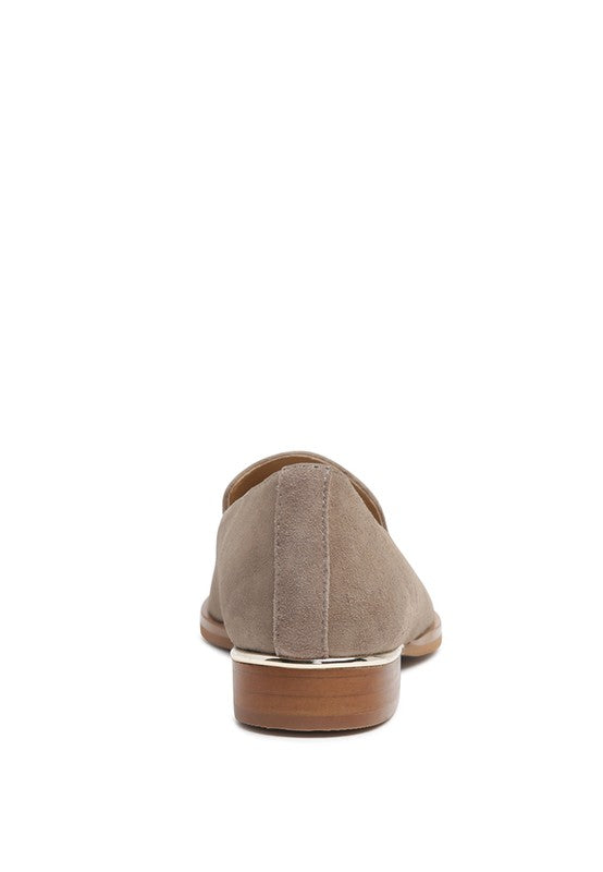 Taupe Anna Loafers – soft leather semi-casual flats with metallic heel back view.
