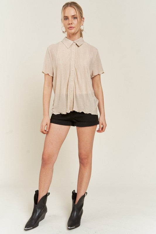 Short sleeve taupe plus size button down shirt, flattering style.