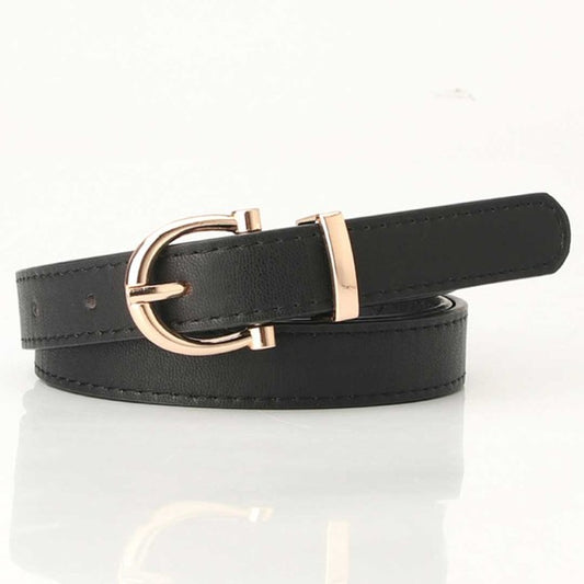 Tally Vegan Leather Belt in black with polished gold buckle and slim adjustable fit