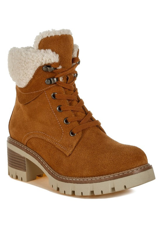 Front angle of Tan Madoka Chunky Ankle Boots with fur collar, lace-up front, and block heel.