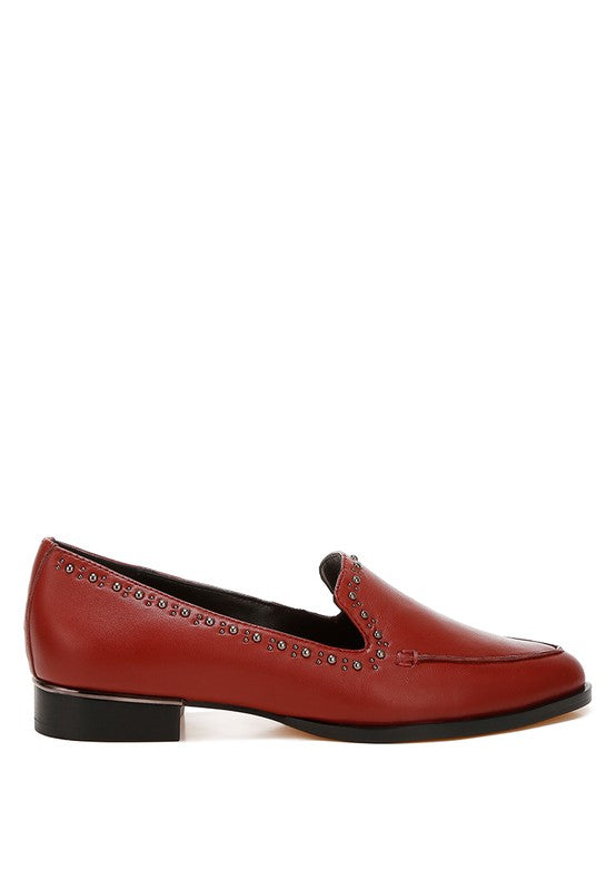Side view of burgundy Wolferton studded leather loafers
