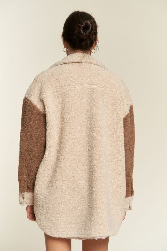 Taupe Deedre Plus Size Sherpa Jacket back view with two-tone sleeves
