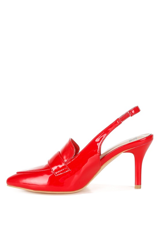 Side view of Red Voisin Slingback Loafer Heels highlighting slingback strap and stiletto heel.