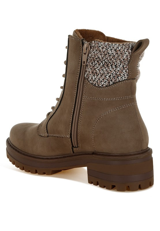 Back angle of Taupe Mahisha Hiker Boots highlighting functional zipper closure and knitted collar detail.