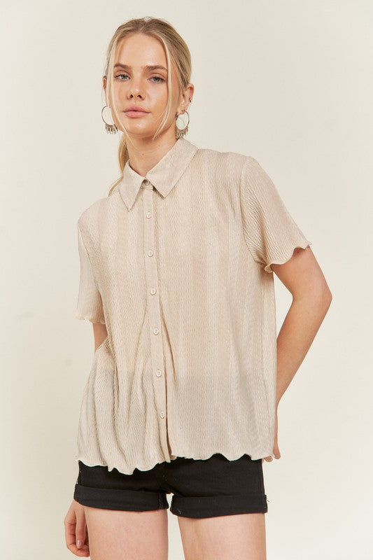 Taupe plus size collared shirt with short sleeves, relaxed fit