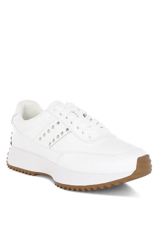 Front angle of white Athion Studded Leather Sneakers with lace-up closure