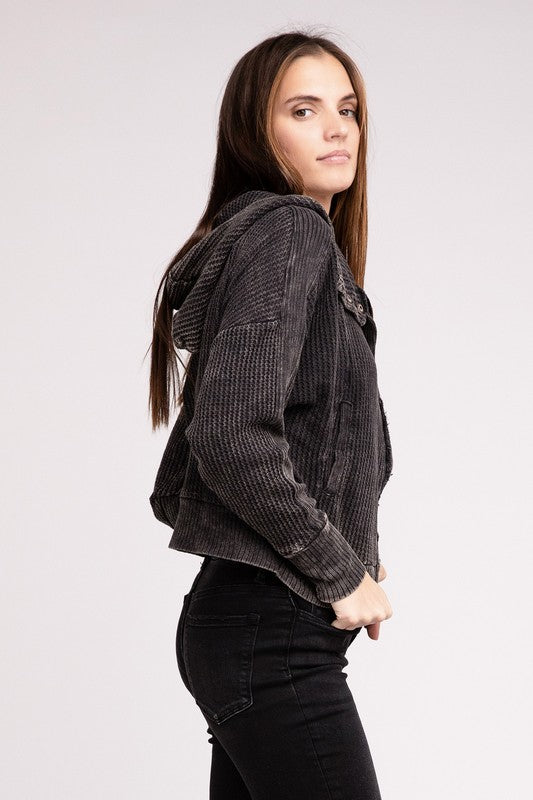 Side view of Ash Black Hanna Hooded Jacket, highlighting fit and textured fabric.