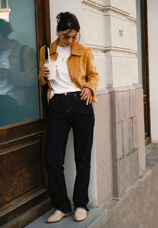Woman wearing Sand Durance Suede Loafers styled with casual outfit