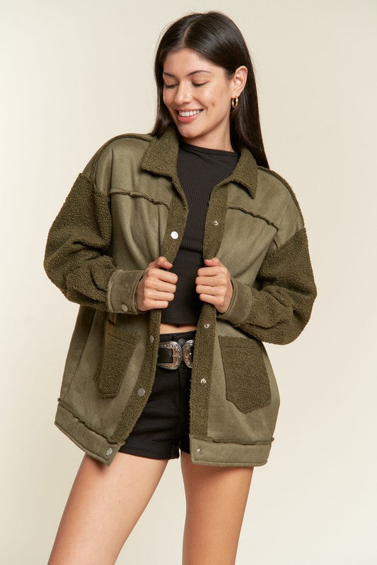 Olive Galina faux suede sherpa jacket front view, oversized fit, collared neckline.