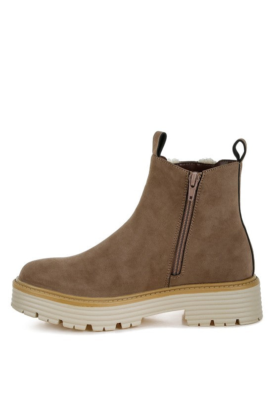 Inside side view of Taupe Mothman Chunky Ankle Boots highlighting zipper closure and heel height.