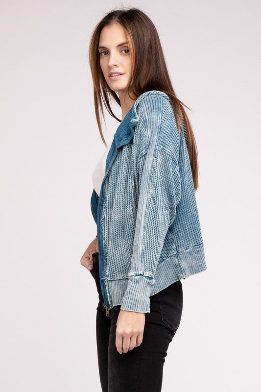 Side view of Teal Hanna Acid Wash Hooded Jacket, showing waffle knit texture.