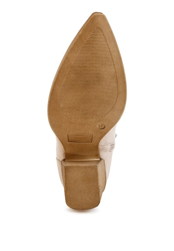 Beige Bimmy Woven Western Boots bottom view showing sole texture and heel construction.