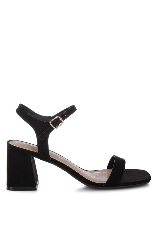 Side view of black Akiya Square Toe Block Sandals with cushioned insole