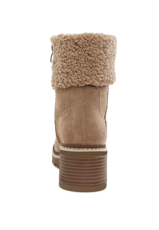 Back view of Beige Woolly Faux Fur Embroidered Boots with block heel an fur collar.