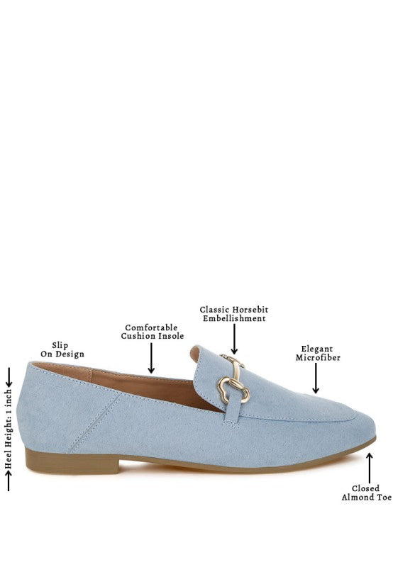 Light Blue Noltas Loafers infographic highlighting horsebit detail, cushion insole, and flat heel.