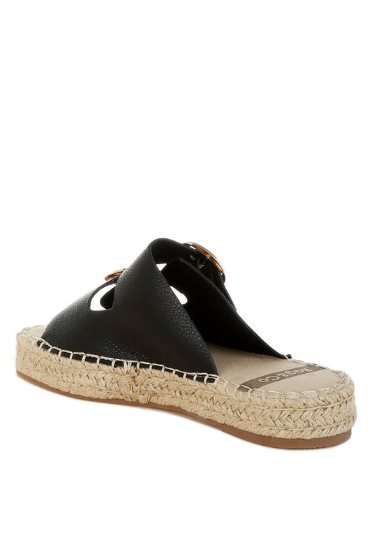 Inside side angle of Palala Black Leather Espadrille Flatform showing buckle strap and cushioned insole.