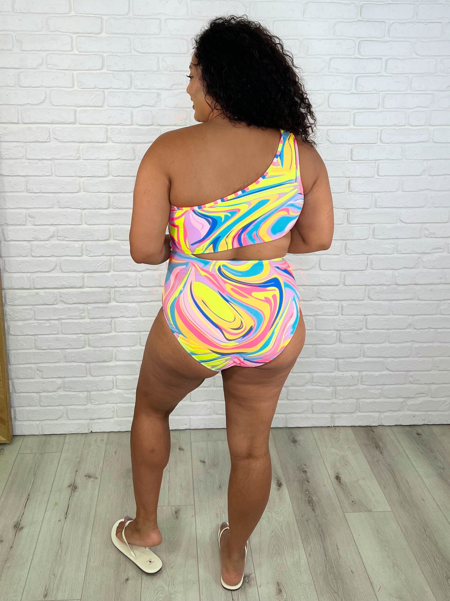 Corfu Marble Print Cutout Swimsuit - Asymmetrical, Cheeky Fit, Bright Multi