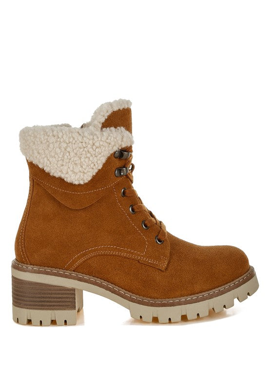 Side view of Tan Madoka Chunky Ankle Boots with lace-up design, block heel, and faux fur trim.