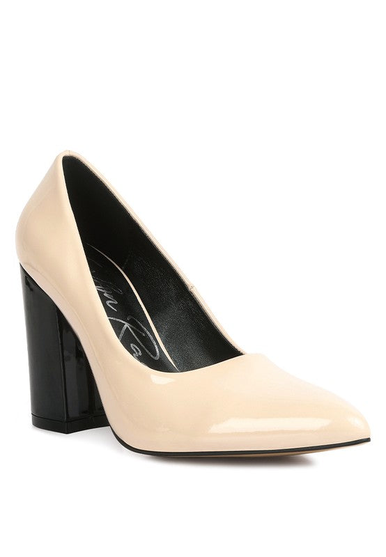 Nude Kamira Patent Pumps front angle view with block heel and pointed toe.