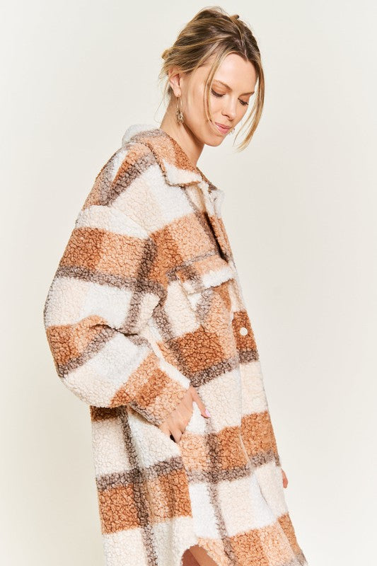 Sariya Plus Size Brown Plaid Teddy Jacket side angle showing collared neckline and cozy fit.