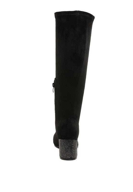 Sinaloa Microfiber Knee High Boots Black back view showing zipper and heel embellishment