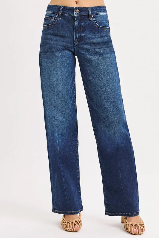 Badu Mid Rise Wide Baggy Jeans Dark Wash front view wide leg hemline.