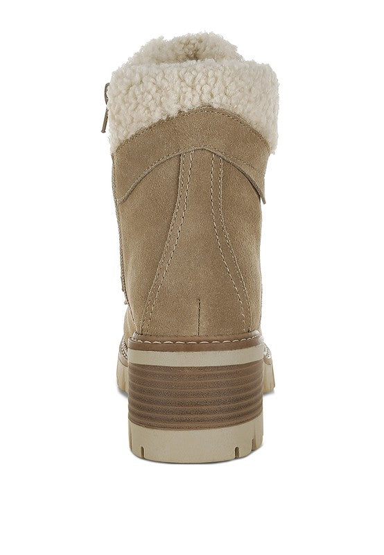 Back view of Beige Madoka Chunky Ankle Boots with block heel, suede finish, and fur collar trim.