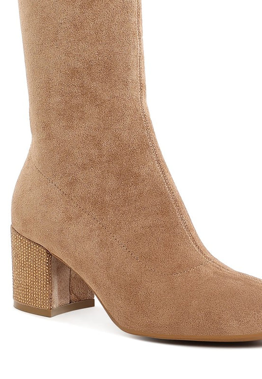 Sinaloa Microfiber Knee High Boots Camel close-up showing suede texture and heel detail