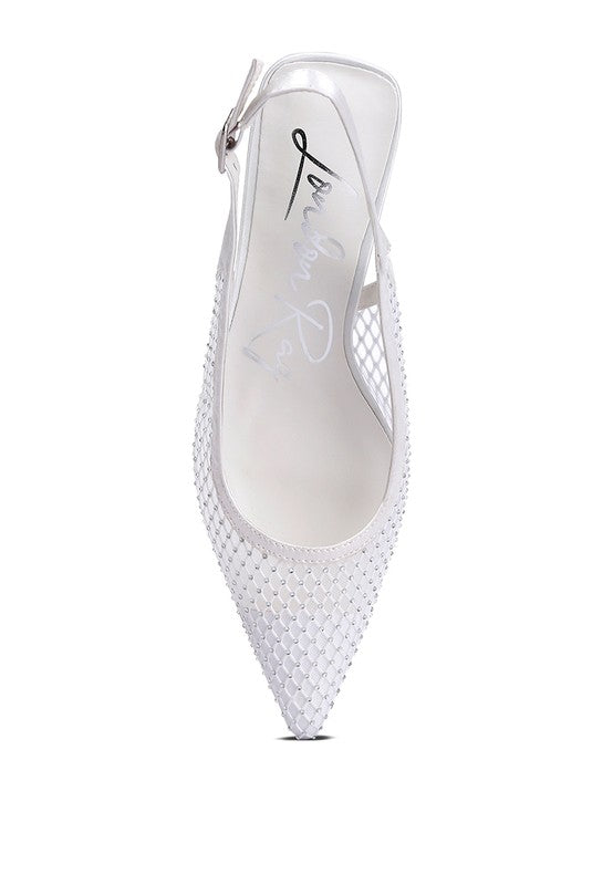 Top angle of white rhinestone slingback mules with mesh upper.