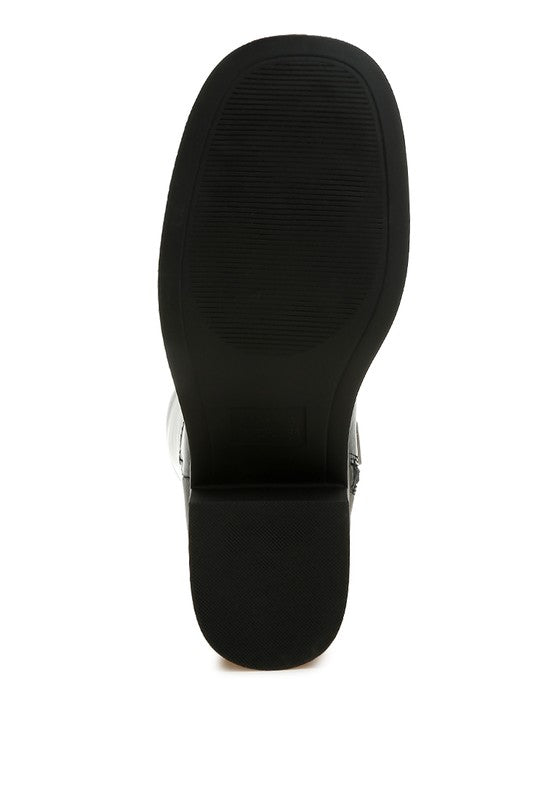 Bottom sole view of Soora Block Heel Calf Boots in black with textured TPR outsole